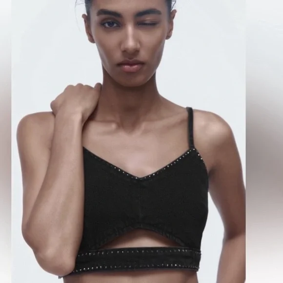 NWT Zara Black Denim Crop Top - Picture 3 of 4